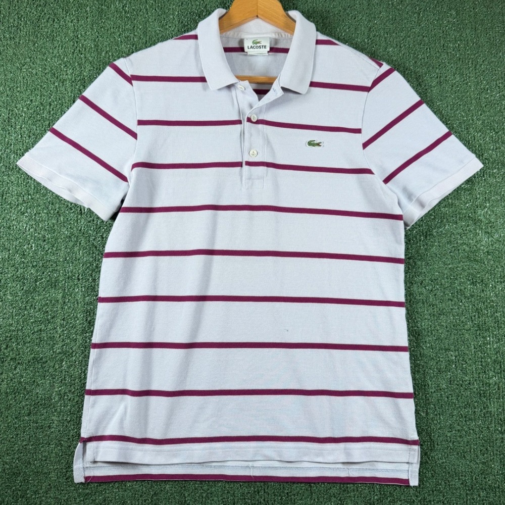 Lacoste Polo Shirt Mens 4 Medium White Burgundy Striped Good Short Sleeve Pique